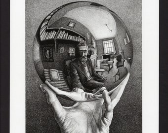 MC Escher Hand with Reflecting Globe Art Print/ Modern Relativity, Optical Illusion Drawing, book plate wall decor to frame/ 10 1/4" X 14" H