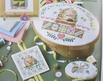 Honey Bees, Beehive Cross Stitch Sampler Pattern/ Counted cross stitch charts for pictures, sewing basket top, pincushion, organizers
