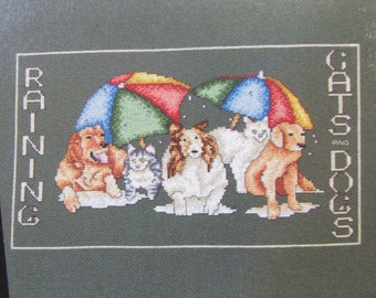 Raining Cats & Dogs Cross Stitch Pattern/ Rainbow umbrellas counted cross stitch chart sampler