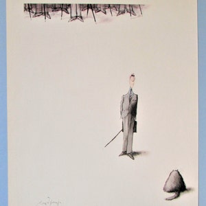 Cartoon Kat met Man Standoff Art Print door Ronald Searle / The Encounter, Grappige Illustratie, humor Wall Art Decor om in te lijsten / 8 X 11 "