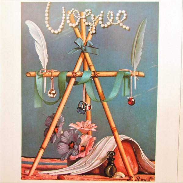 Vogue Magazine Cover Art Print/ Surreal Jewelry Stand, with rings by Pierre Roy, fashion illustration Book Plate to frame/ 8 1/2 X 11 3/4