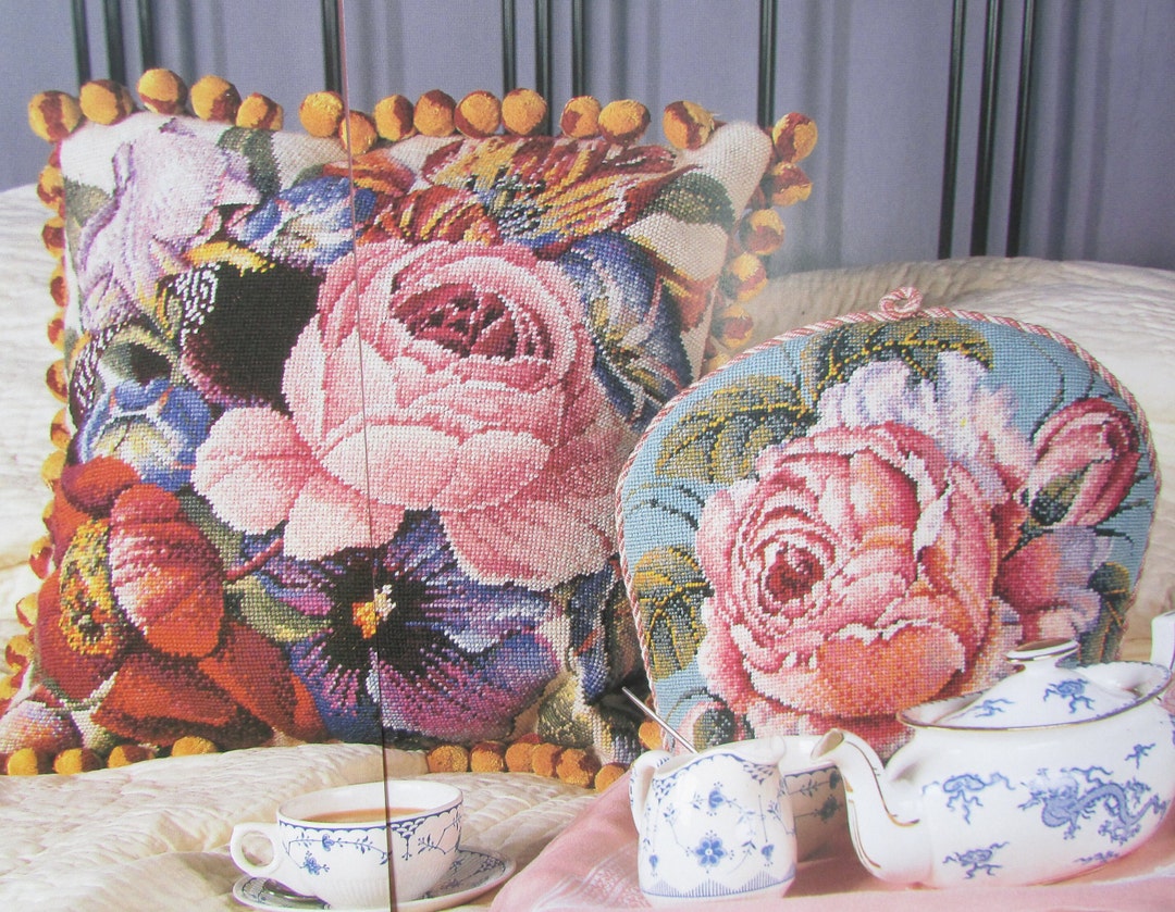 Rose Needlepoint Tea Cozy, Pillow Pattern/ Flemish Flower Bouquet