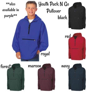 May include: Youth Pack N Go Pullover in various colors, including black, red, royal, maroon, forest, and navy. The pullover is a lightweight, water-resistant jacket with a zipper closure and a kangaroo pocket.