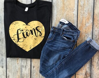 Lions distressed heart Tee, School love Tee, School Mascot Tee, Lions shirt, Team Spirit Shirt, School Spirit shirt