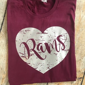Rams distressed heart Tee, School love Tee, School Mascot Tee, Rams shirt, Team Spirit Shirt, School Spirit shirt