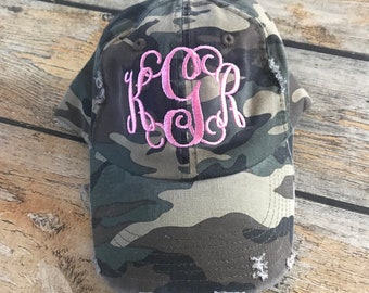 Monogram Camo Distressed Hat, Monogram Hat, Gifts under 25, Camoflauge hat, camo monogram hat, ladies hat, mom hat, hunting gear, teen gift