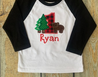Woodland Bear Birthday tee, Buffalo Plaid birthday tee, Woodlands birthday theme, personalized birthday shirt, birthday shirt with name