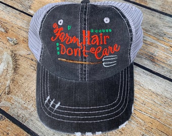 Farm Hair Don't Care Hat with pitchfork, Personalized hats, vacation hat, Farm hat, Girls Birthday gift, Girls soccer hat, horse lover