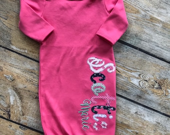 Personoalized Baby Gown, Baby Gown with name, Infant Gown with name, Embroidered Baby Gown, Applique Name Baby Gown