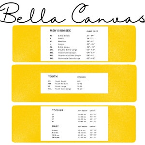 May include: A size chart for Bella Canvas apparel, featuring size guides for Men's/Unisex, Youth, Toddler, and Baby sizes. The chart includes chest to fit measurements in inches for Men's/Unisex sizes, and weight and length measurements in inches for Toddler and Baby sizes.