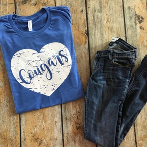 Cougars distressed heart Tee, School love Tee, School Mascot Tee, Cougars shirt, Team Spirit Shirt, School Spirit shirt
