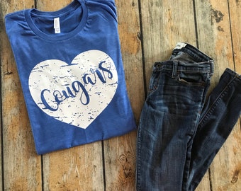 Youth mascot distressed heart Tee, School love Tee, School Mascot Tee, Cougars shirt, Team Spirit Shirt, School Spirit shirt, City heart tee
