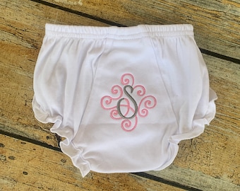 Embroidered Fancy Swirl Initial Baby Bloomers, Monogrammed Diaper Cover, Baby Gift, Shower Gift, Personalized Gift,