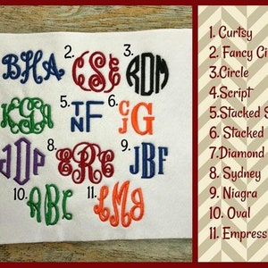 May include: A white fabric swatch with 11 different embroidered monogram styles numbered 1 through 11. Each monogram is a different colour and font style. The text "Curtsy, Fancy Circle, Circle, Script, Stacked Sans, Stacked, Diamond, Sydney, Niagra, Oval, Empress" is listed on the right side of the image.