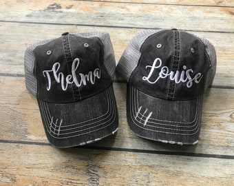 Thelma and Louise Hat Set, Set of two hats,Distressed hat, Best Friends hats, 80s hats, BFF Birthday gift, Girl Hat, Distressed Camo Hat