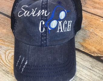 Swim Coach Trucker Hats, Personalized hats, Swim hat, Swim coach gift, Mom Birthday gift, Mothers day gift, Coaches gift, Swim Team gift,