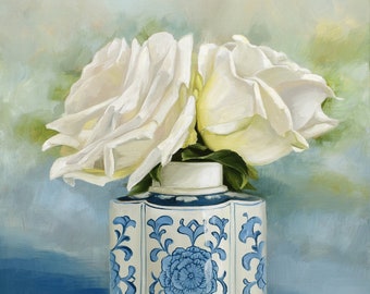Bouquet of White Roses, Chinoiserie Still Life Artwork, Hostess Gift, Bridal Shower Gift