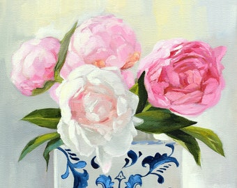 Bouquet of Pink Peonies, Chinoiserie Still Life Artwork, Hostess Gift, Bridal Shower Gift, Porcelain Vase of Peonies