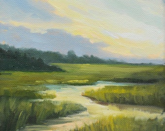 Marshland Wall Art, Peaceful Coastal Painting, Sunset Landscape Print