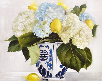 Chinoiserie Vase Artwork, Floral Arrangement Still Life Painting, Hostess Print Gift, Farmhouse Kitchen Art