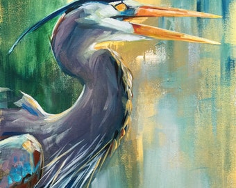 Heron Abstract Art Print, Beach House Decor, Coastal Bird Painting