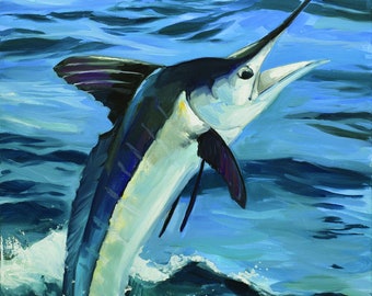 Nautical Office Wall Art, Blue Marlin Painting, Deep Sea Fishing Gift, Ocean Life Home Decor