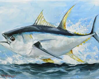 Yellowfin Tuna Oil Print, Fishing Lodge Decor, Man Cave Artwork, Father's Day Gift