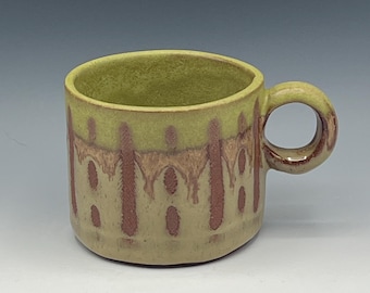 Hand-Built cappuccino mugs in a variety of wax-resist patterns in olive green and brown