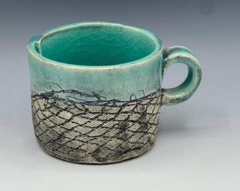 Hand-Built cappuccino mugs with texture and celadon glaze