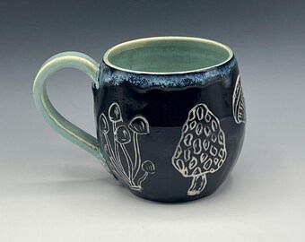 Wheel-thrown Mug with Sgraffito Mushrooms-two styles