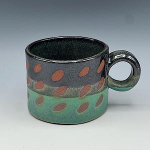 Hand-Built cappuccino mugs, a variety of hand-painted wax-resist patterns, with rich brown and green glaze
