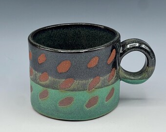 Hand-Built cappuccino mugs, a variety of hand-painted wax-resist patterns, with rich brown and green glaze