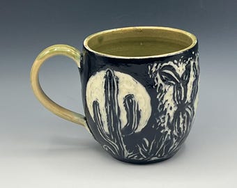 Wheel-thrown Mug with Sgraffito Cactus