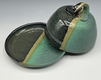 Wheel-Thrown Ceramic Butter Dish: Speckled Olive Green Opal Glaze