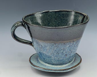 Hand-built pourover coffee maker in blue and brown