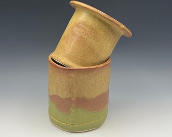 Hand-built French butter dish in olive green and natural brown glazes