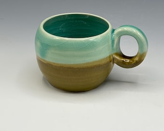 Wheel-thrown espresso mug with Celadon and Olive Green Glaze