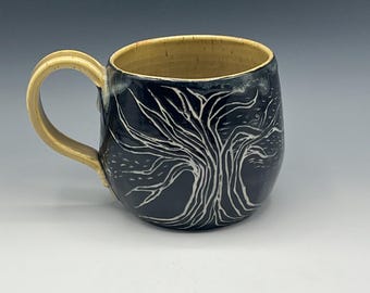 Wheel-thrown Mug with Sgraffito Trees-two styles