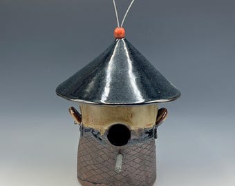 Hand-built Birdhouse in brown and blue glazes