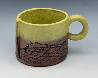 Hand-Built cappuccino mugs with leather look texture and olive green glaze