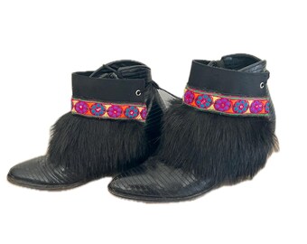 Black boot covers / boot accessories / boot decor / fur boot covers / tribal boots / Indian boots