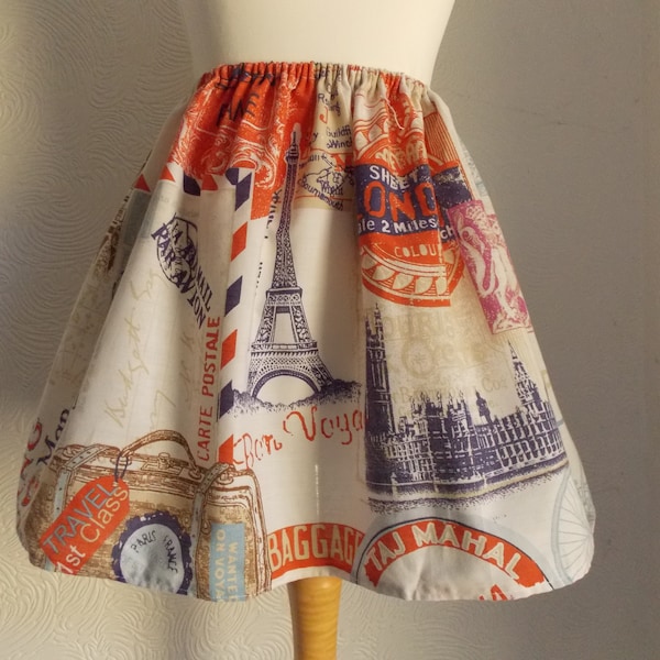 travel stamps skirt handmade from vintage upucycled fabric one size