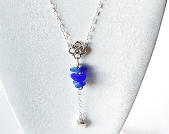 Blue Sea Glass Lariat Necklace: Sterling Silver Beach Jewelry
