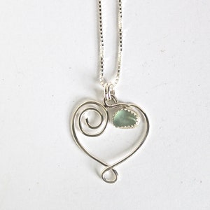 Valentine heart necklace with aqua sea glass - sterling silver and bezel set - Valentine gift for wife - sea glass jewelry for women