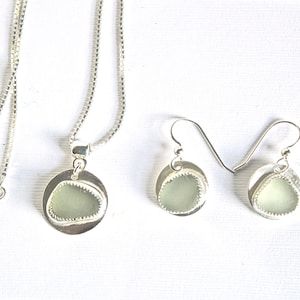 Light green sea glass necklace and earring set sterling silver - sea glass jewelry for women - bezel set - Christmas gift for wife