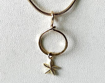 Gold Starfish Charm Necklace: Hammered Gold Filled Wire, 18” Chain, beach jewelry