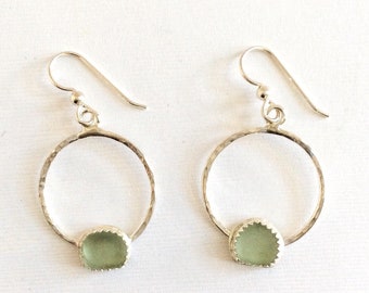 Light green sea glass hoop earrings - sterling silver and hammered - birthday gift for a girlfriend - sea glass jewelry for women