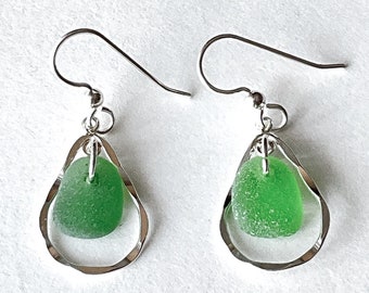 Green sea glass earrings, sterling silver earrings, dangle and drop earrings, sea glass jewelry for women, teardrop design, gift for her