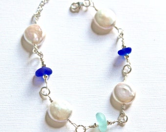 Adjustable Sea Glass Bracelet: Sterling Silver, Freshwater Pearls