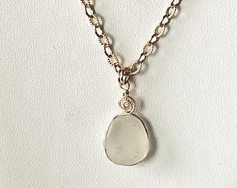 White Sea Glass Pendant Necklace: Gold Filled Wire, 18 inch Chain